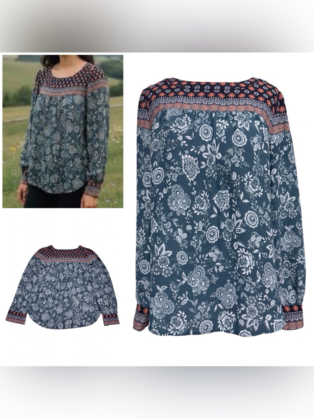 LOFT Long Sleeve Peasant Blouse Blue Orange White Floral Button Cuffs XSMALL
